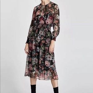 Zara Black and Pink Floral Midi Dress!